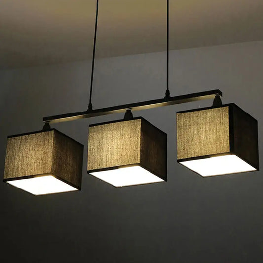 DecorBites™ contemporary black cubic island chandelier with 3 textured beige fabric shades e26 e27 light kit