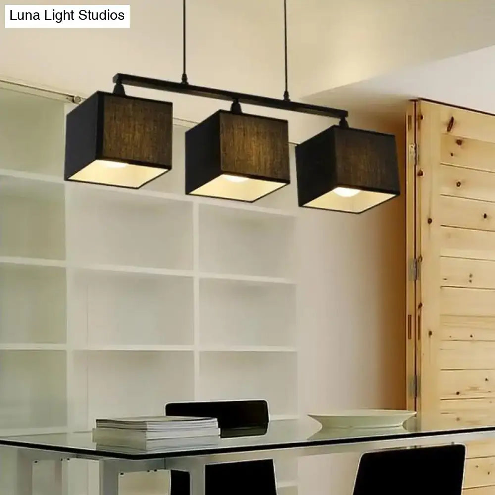 DecorBites™ contemporary black cubic island chandelier with three fabric shades and e26 e27 light sockets