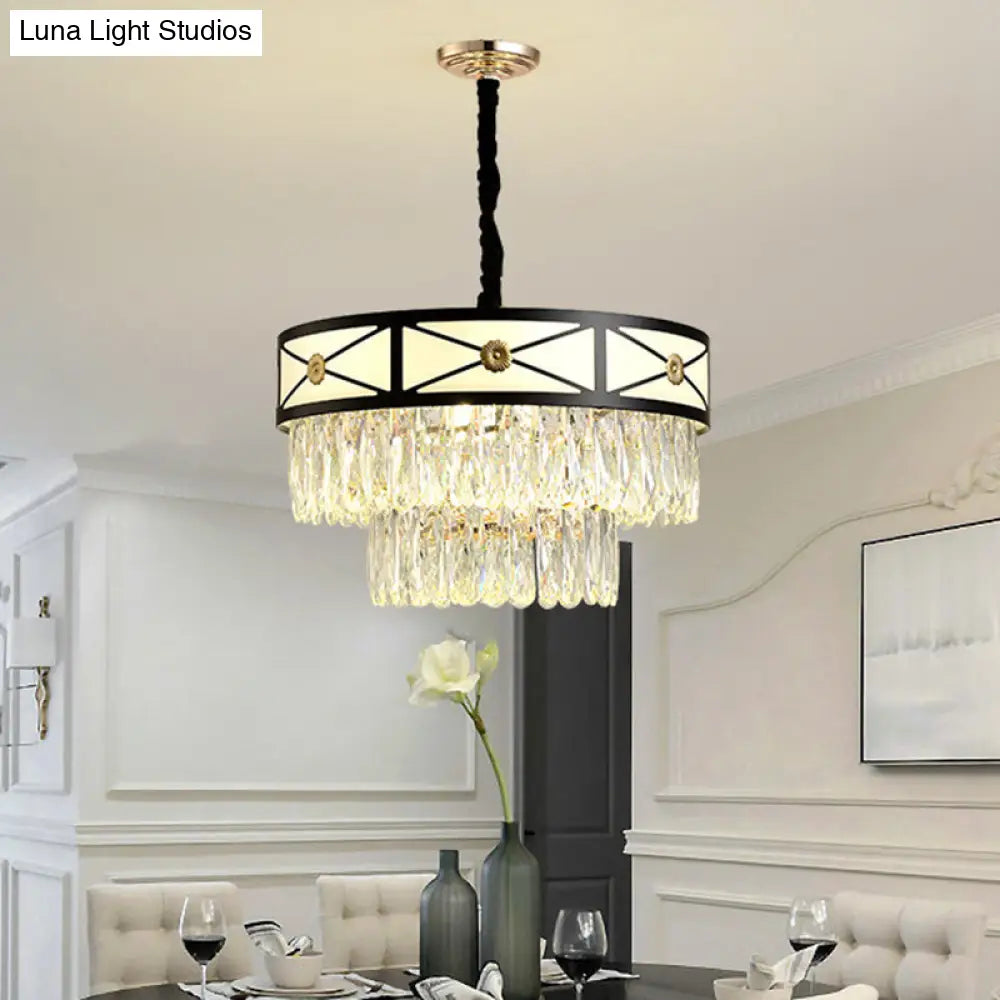 Contemporary Black Chandelier: 9 Heads, Clear Crystal, 3-Layer Round Suspension Light