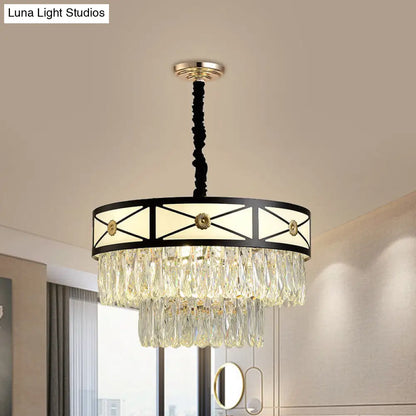 Contemporary Black Chandelier: 9 Heads, Clear Crystal, 3-Layer Round Suspension Light