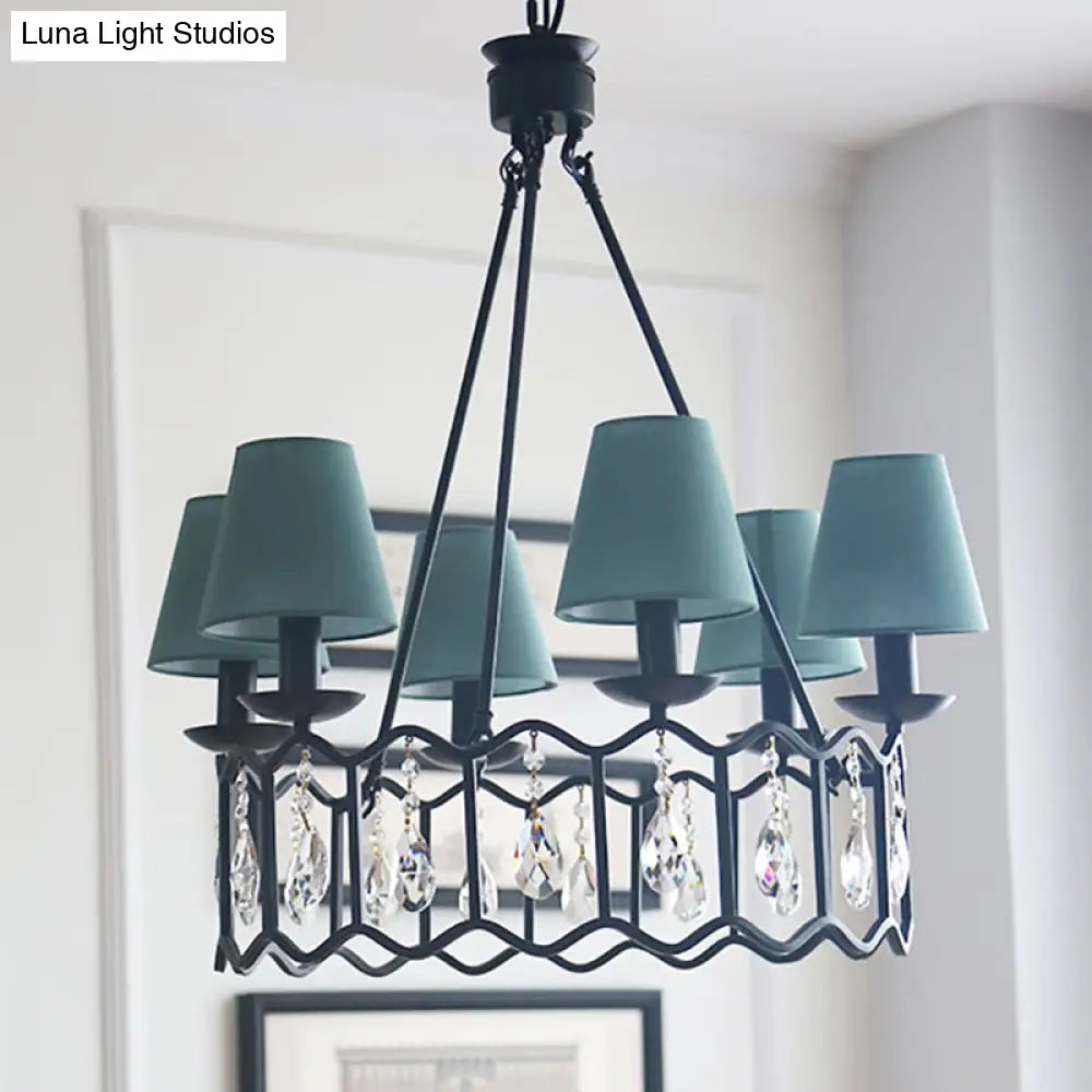 Lámpara colgante circular negra contemporánea con pantalla cónica y detalles de cristal – 6 luces, ideal para iluminación de mesa.