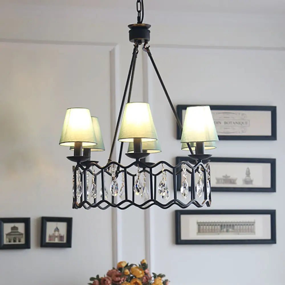 Lámpara colgante circular negra contemporánea con pantalla cónica y detalles de cristal – 6 luces, ideal para iluminación de mesa.