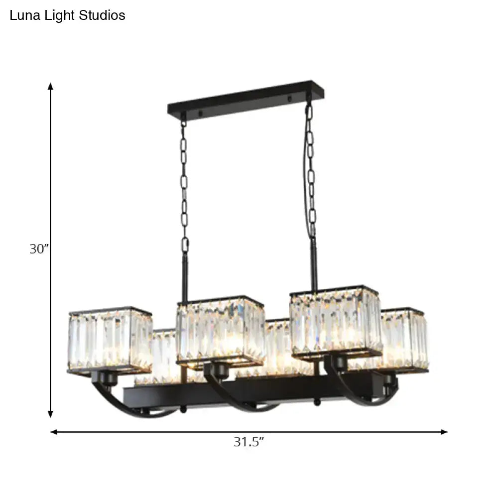 DecorBites contemporary crystal chandelier with black metal frame, four rectangular glass shades, and adjustable chain 220v-240v