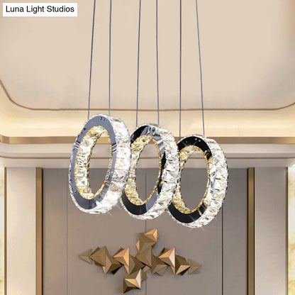 Contemporary Black Crystal LED Pendant: Round Living Room Cluster with Down Lighting