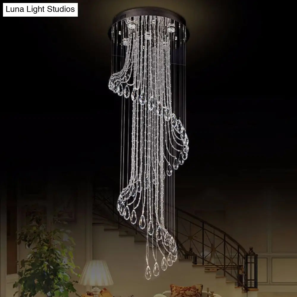 Contemporary Black Crystal Spiral Pendant Ceiling Light - 5-Light LED, Perfect for Living Room