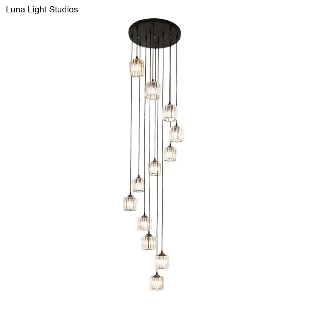 Contemporary Black Cylinder Crystal Pendant - 12 Light Hanging Lamp for Living Room