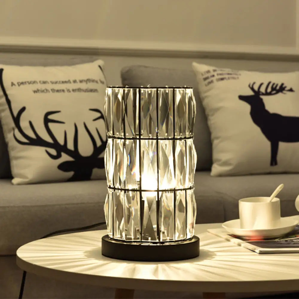 Contemporary Black Cylinder Night Lamp with Clear Crystal 1 Light for Living Room Nightstand