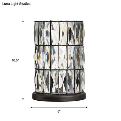 Contemporary Black Cylinder Night Lamp with Clear Crystal 1 Light for Living Room Nightstand