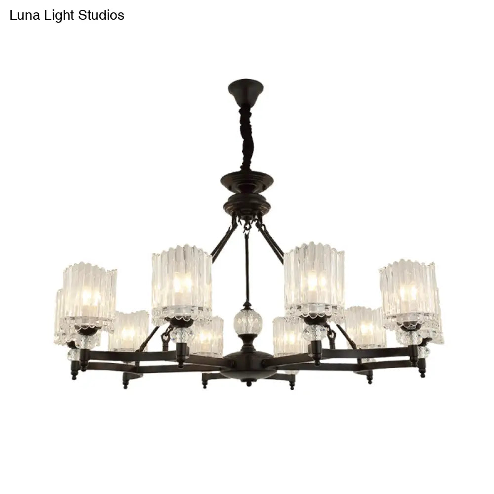 Lámpara colgante cilíndrica negra contemporánea con varillas de cristal - Kit de lámpara colgante de 6/8/10 cabezales, 28"/34.5"/42.5" de ancho