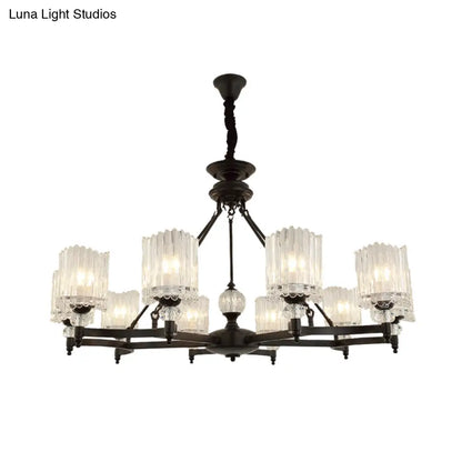 Lámpara colgante cilíndrica negra contemporánea con varillas de cristal - Kit de lámpara colgante de 6/8/10 cabezales, 28"/34.5"/42.5" de ancho