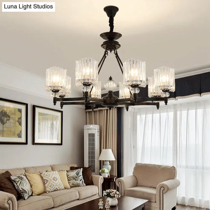 Lámpara colgante cilíndrica negra contemporánea con varillas de cristal - Kit de lámpara colgante de 6/8/10 cabezales, 28"/34.5"/42.5" de ancho