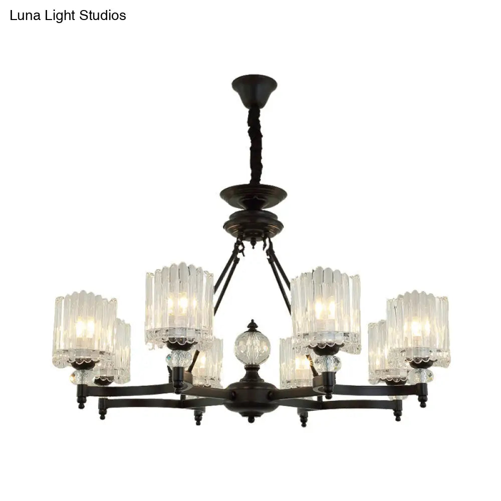 Lámpara colgante cilíndrica negra contemporánea con varillas de cristal - Kit de lámpara colgante de 6/8/10 cabezales, 28"/34.5"/42.5" de ancho