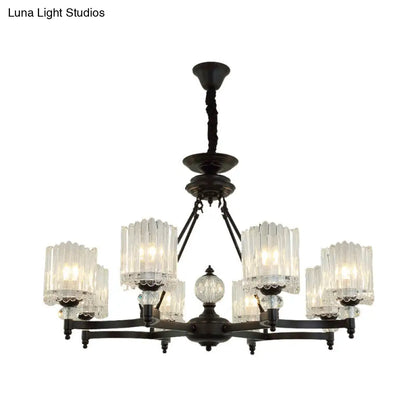 Lámpara colgante cilíndrica negra contemporánea con varillas de cristal - Kit de lámpara colgante de 6/8/10 cabezales, 28"/34.5"/42.5" de ancho