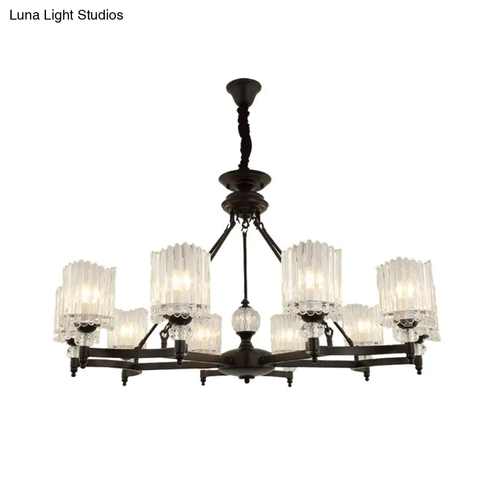 Lámpara colgante cilíndrica negra contemporánea con varillas de cristal - Kit de lámpara colgante de 6/8/10 cabezales, 28"/34.5"/42.5" de ancho