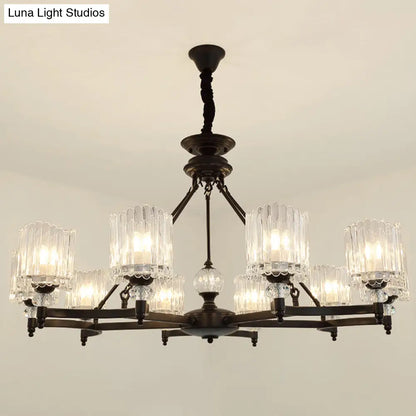 Lámpara colgante cilíndrica negra contemporánea con varillas de cristal - Kit de lámpara colgante de 6/8/10 cabezales, 28"/34.5"/42.5" de ancho