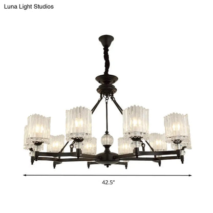 Lámpara colgante cilíndrica negra contemporánea con varillas de cristal - Kit de lámpara colgante de 6/8/10 cabezales, 28"/34.5"/42.5" de ancho