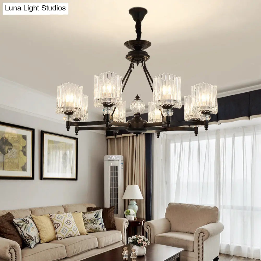 Lámpara colgante cilíndrica negra contemporánea con varillas de cristal - Kit de lámpara colgante de 6/8/10 cabezales, 28"/34.5"/42.5" de ancho