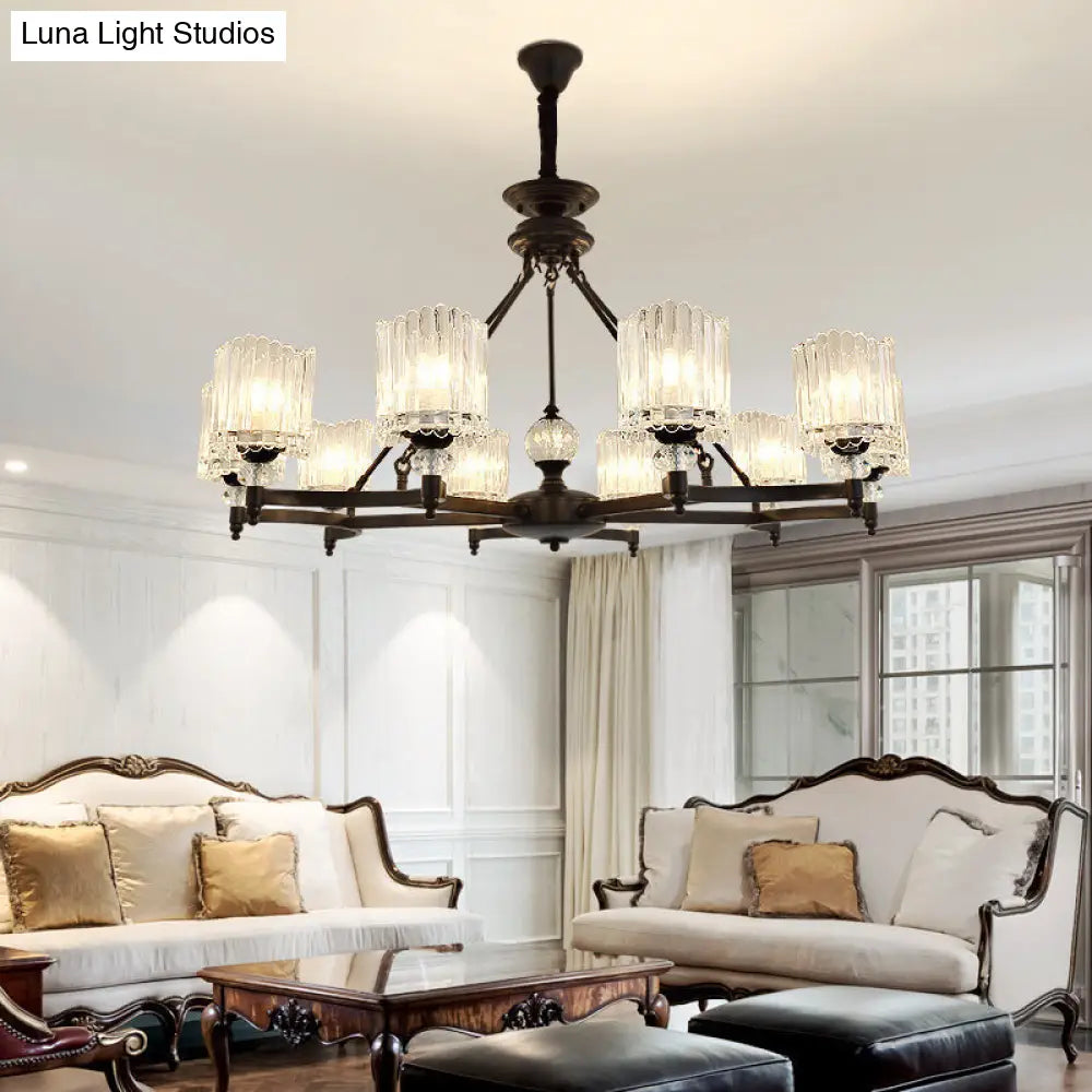 Lámpara colgante cilíndrica negra contemporánea con varillas de cristal - Kit de lámpara colgante de 6/8/10 cabezales, 28"/34.5"/42.5" de ancho