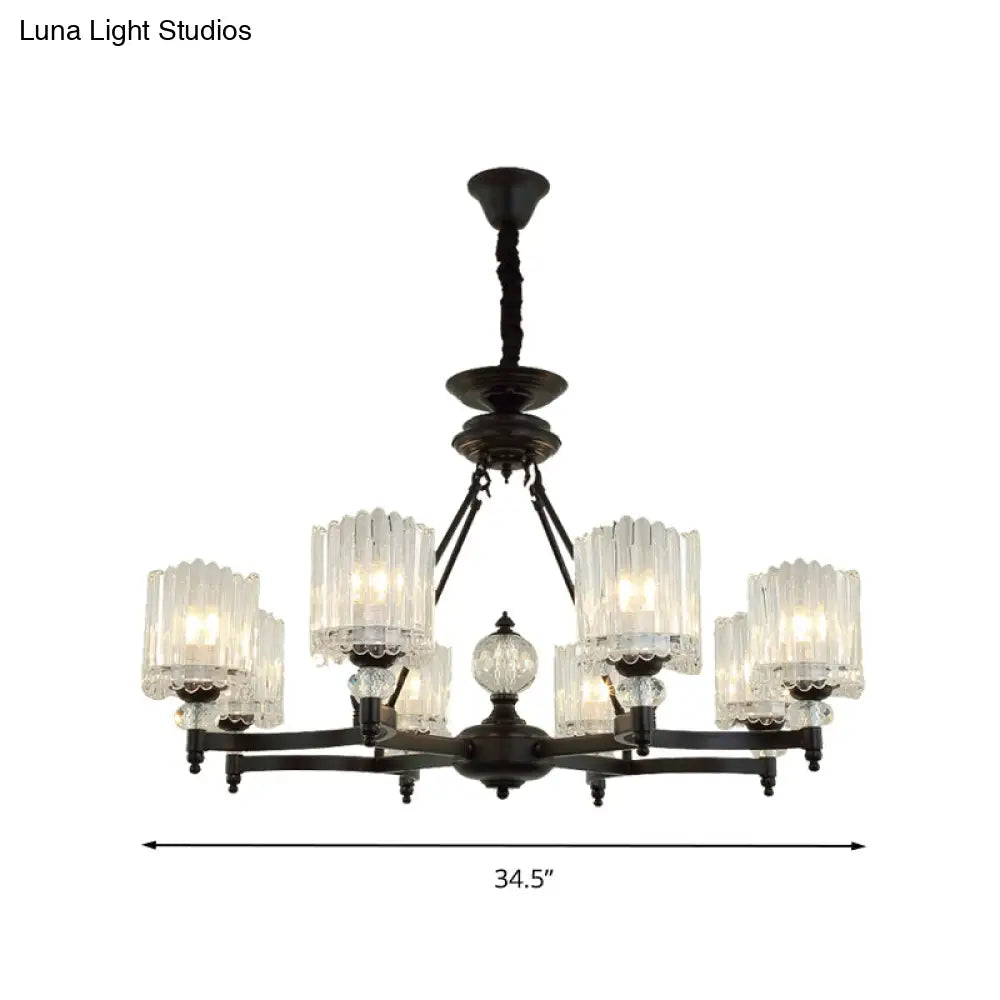 Lámpara colgante cilíndrica negra contemporánea con varillas de cristal - Kit de lámpara colgante de 6/8/10 cabezales, 28"/34.5"/42.5" de ancho