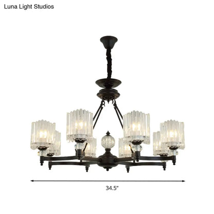 Lámpara colgante cilíndrica negra contemporánea con varillas de cristal - Kit de lámpara colgante de 6/8/10 cabezales, 28"/34.5"/42.5" de ancho