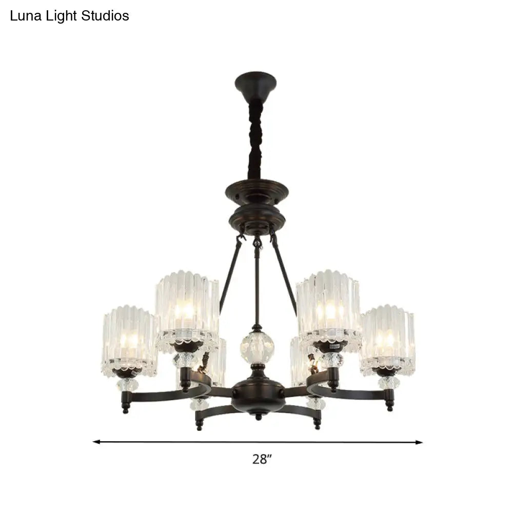 Lámpara colgante cilíndrica negra contemporánea con varillas de cristal - Kit de lámpara colgante de 6/8/10 cabezales, 28"/34.5"/42.5" de ancho