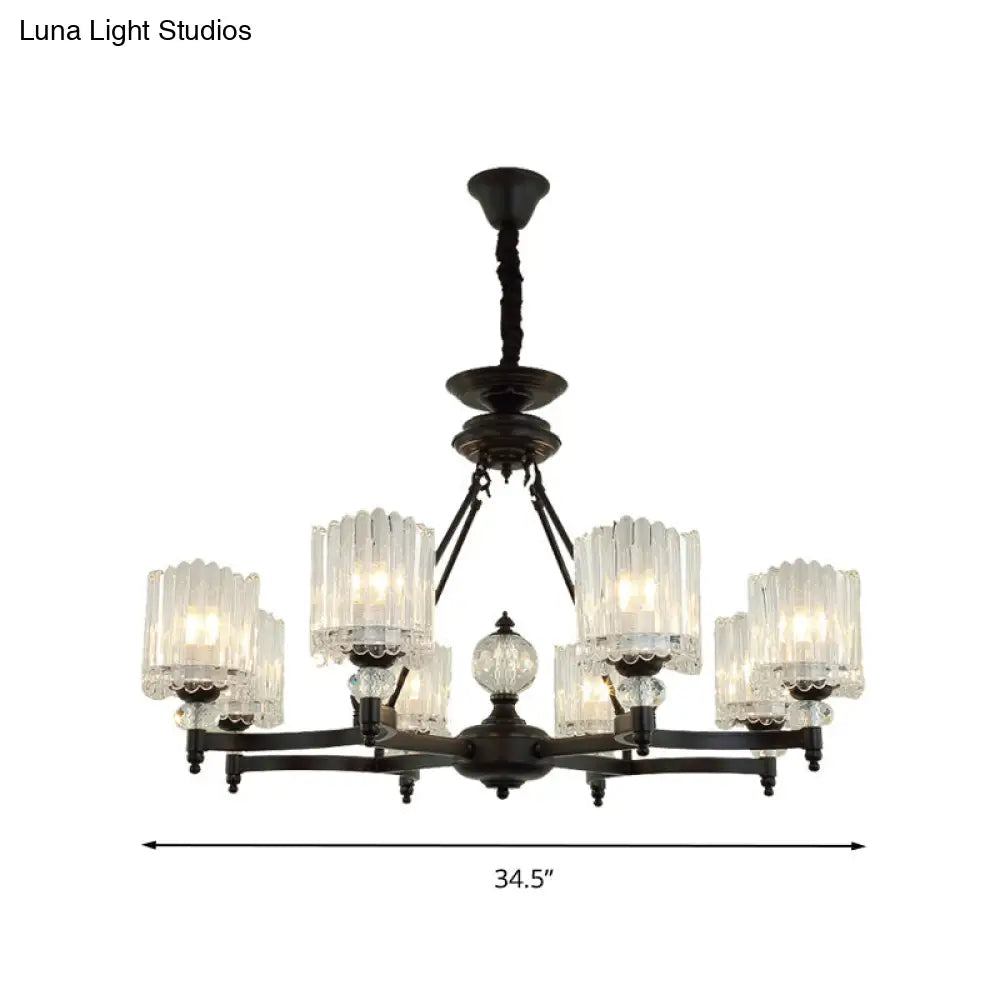 Lámpara colgante cilíndrica negra contemporánea con varillas de cristal - Kit de lámpara colgante de 6/8/10 cabezales, 28"/34.5"/42.5" de ancho