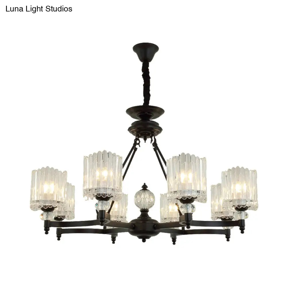 Lámpara colgante cilíndrica negra contemporánea con varillas de cristal - Kit de lámpara colgante de 6/8/10 cabezales, 28"/34.5"/42.5" de ancho