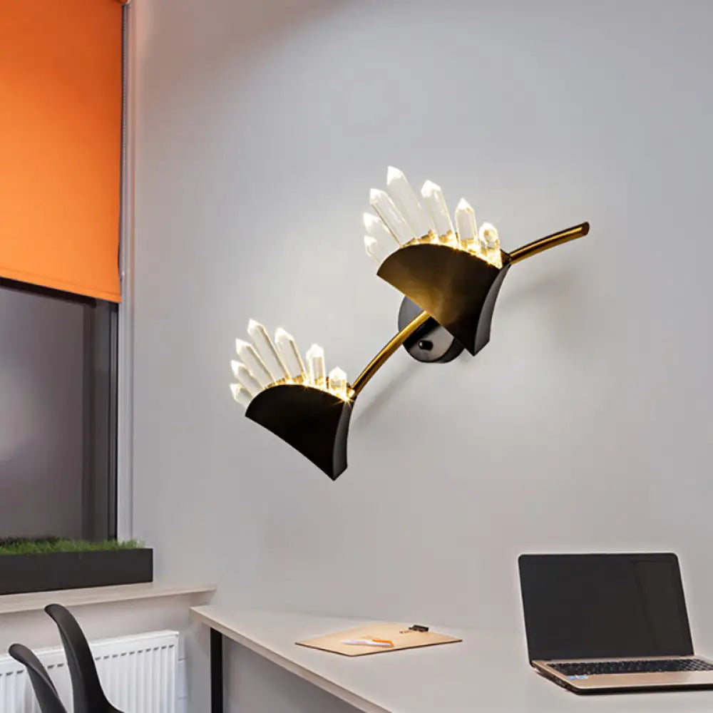 Aplique de pared DecorBites™ contemporáneo negro con forma de ventilador - Aplique de metal con prisma de cristal transparente - 1/2 luz
