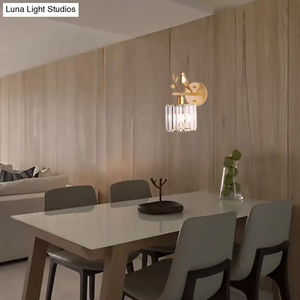 Contemporary black and gold wall lamp with bird motif and vertical crystal accents for e12 e14 light type