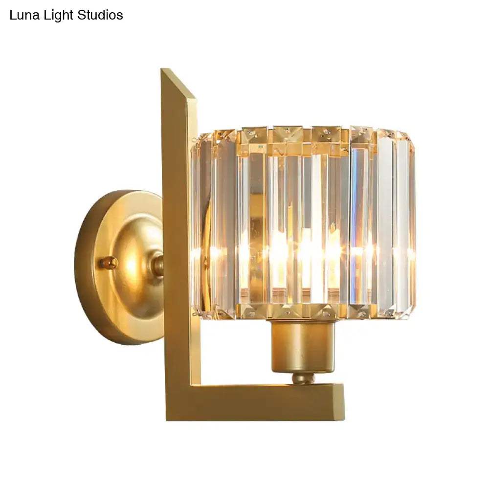 Contemporary black and gold crystal drum wall lamp with gold finish and cylindrical faceted glass shade for bedroom lighting e26 e27