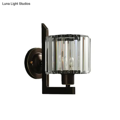 Elegant black gold crystal drum wall lamp with vertical crystal prisms for bedroom lighting e26 e27 bulb compatible