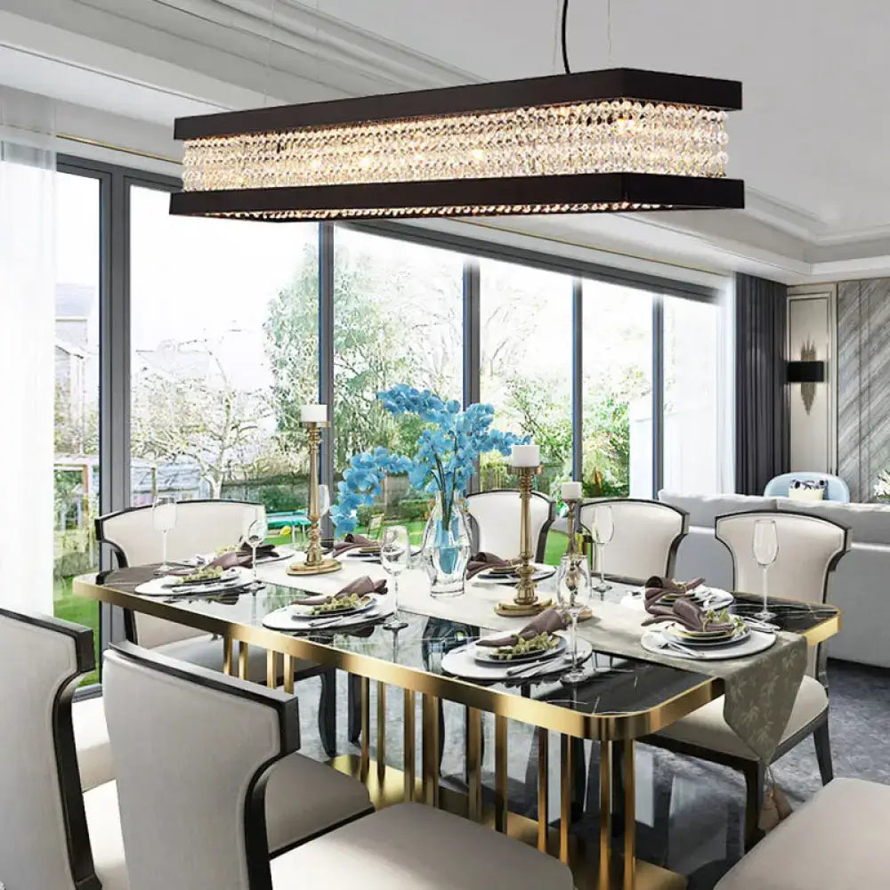 Decorbites contemporary black gold crystal island pendant lighting with rectangular shape and warm embedded crystal strands