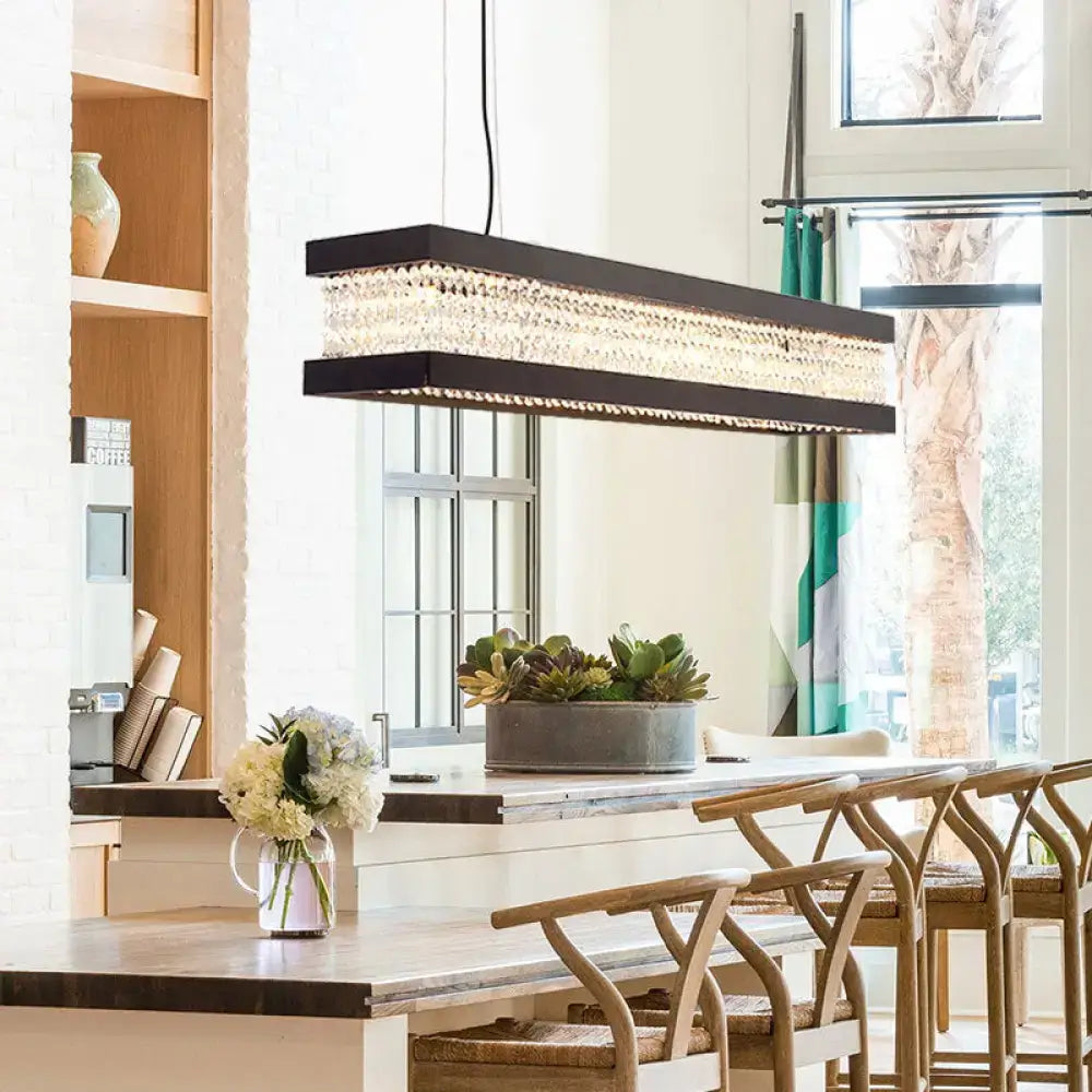 DecorBites contemporary black gold island pendant lighting with rectangular frame and cascading crystal beads