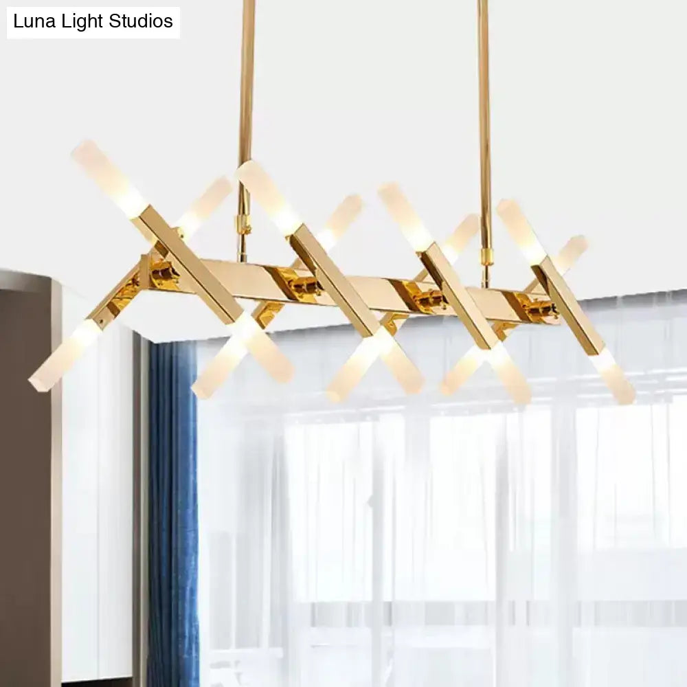 Decorbites contemporary gold island pendant light with intersecting arms and frosted glass fixtures for living room