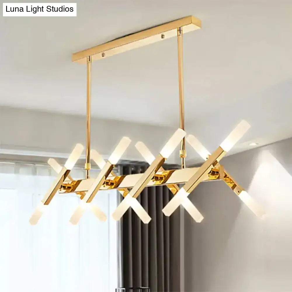 Gold island pendant with intersecting geometric arms and frosted glass fixtures ideal for living room lighting