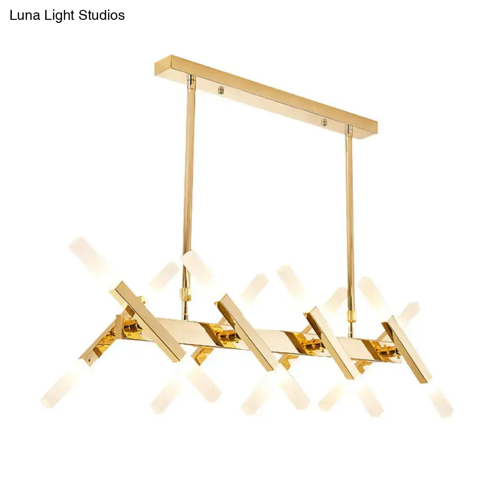 DecorBites™ contemporary gold island pendant light with intersecting geometric arms and frosted glass fixtures