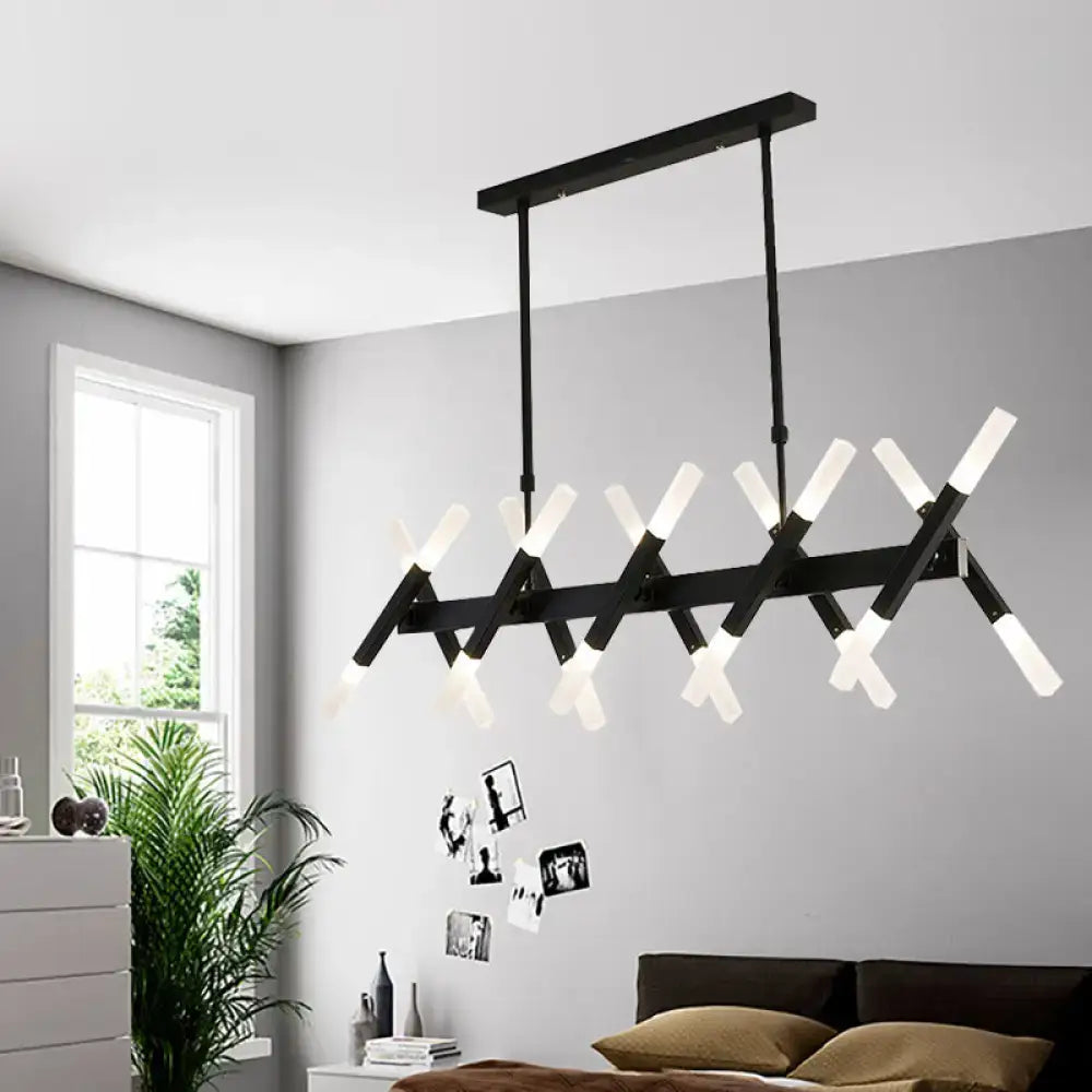 Decorbites contemporary black gold island pendant light with intersecting arms and frosted glass shades for living room