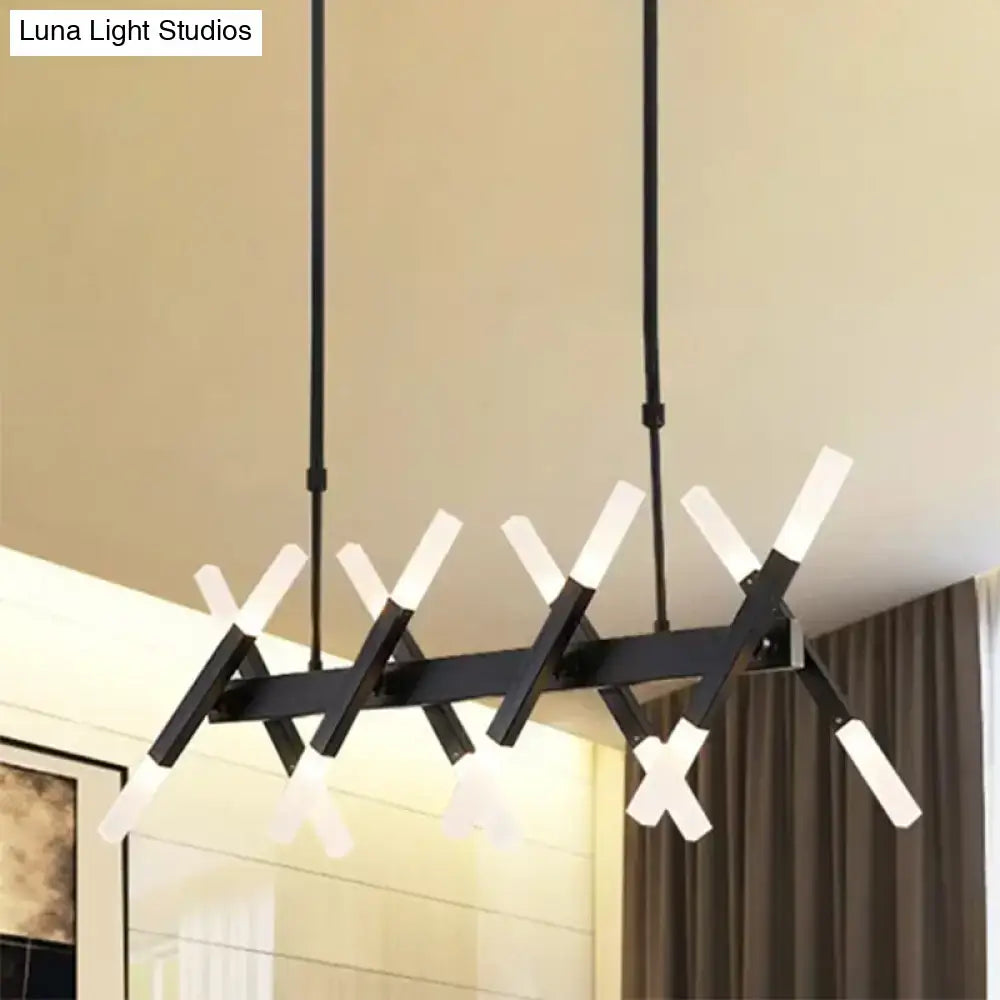 Modern black metal chandelier with intersecting arms and frosted white leds in decorbites gold island pendant light