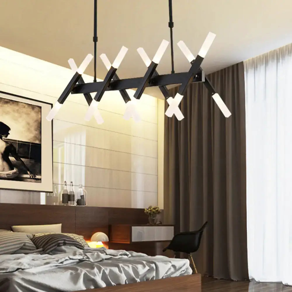 DecorBites™ contemporary black and gold island pendant light with geometric iron arms and frosted glass fixtures for living room
