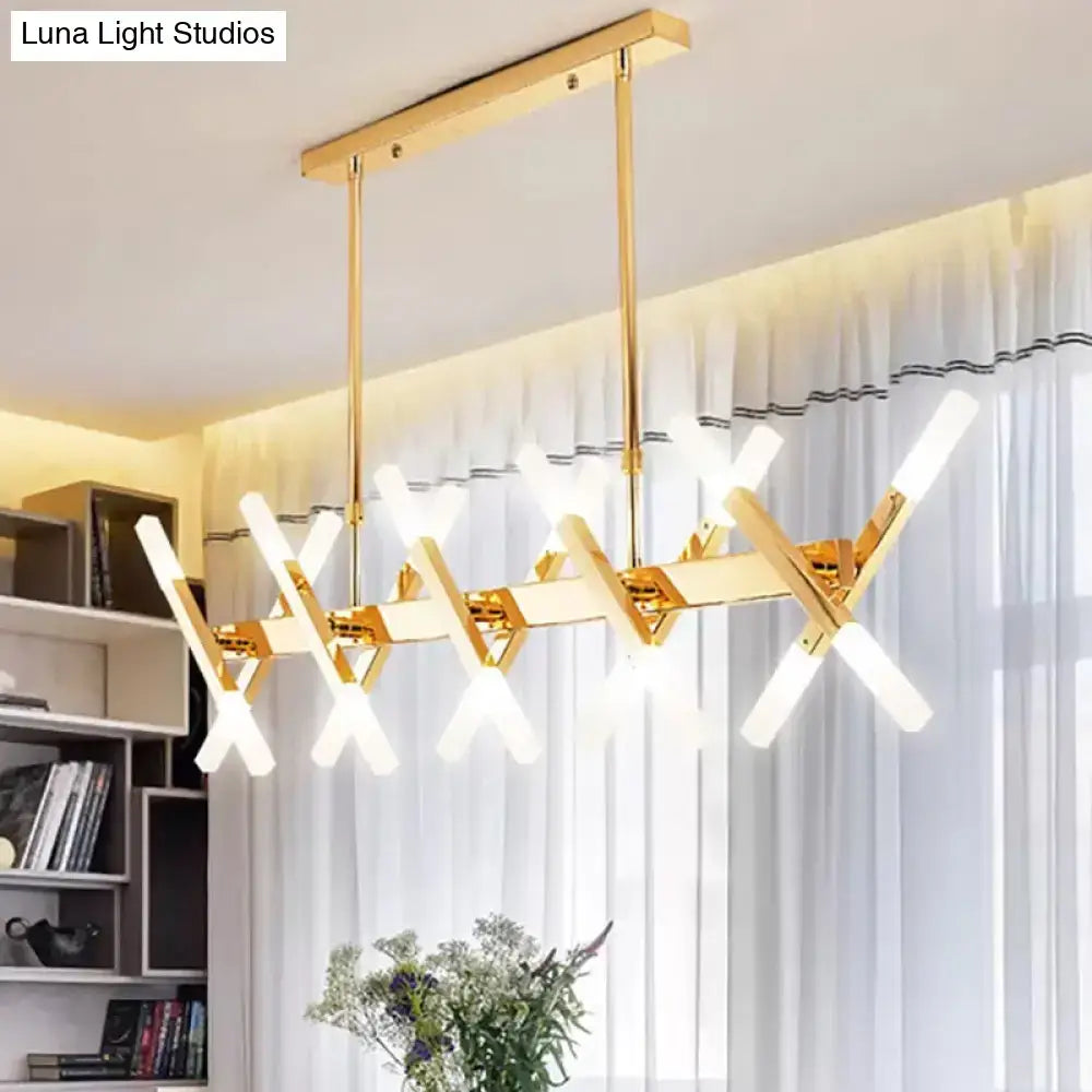 Gold finish modern DecorBites island pendant light with intersecting x-shaped arms and frosted glass fixtures