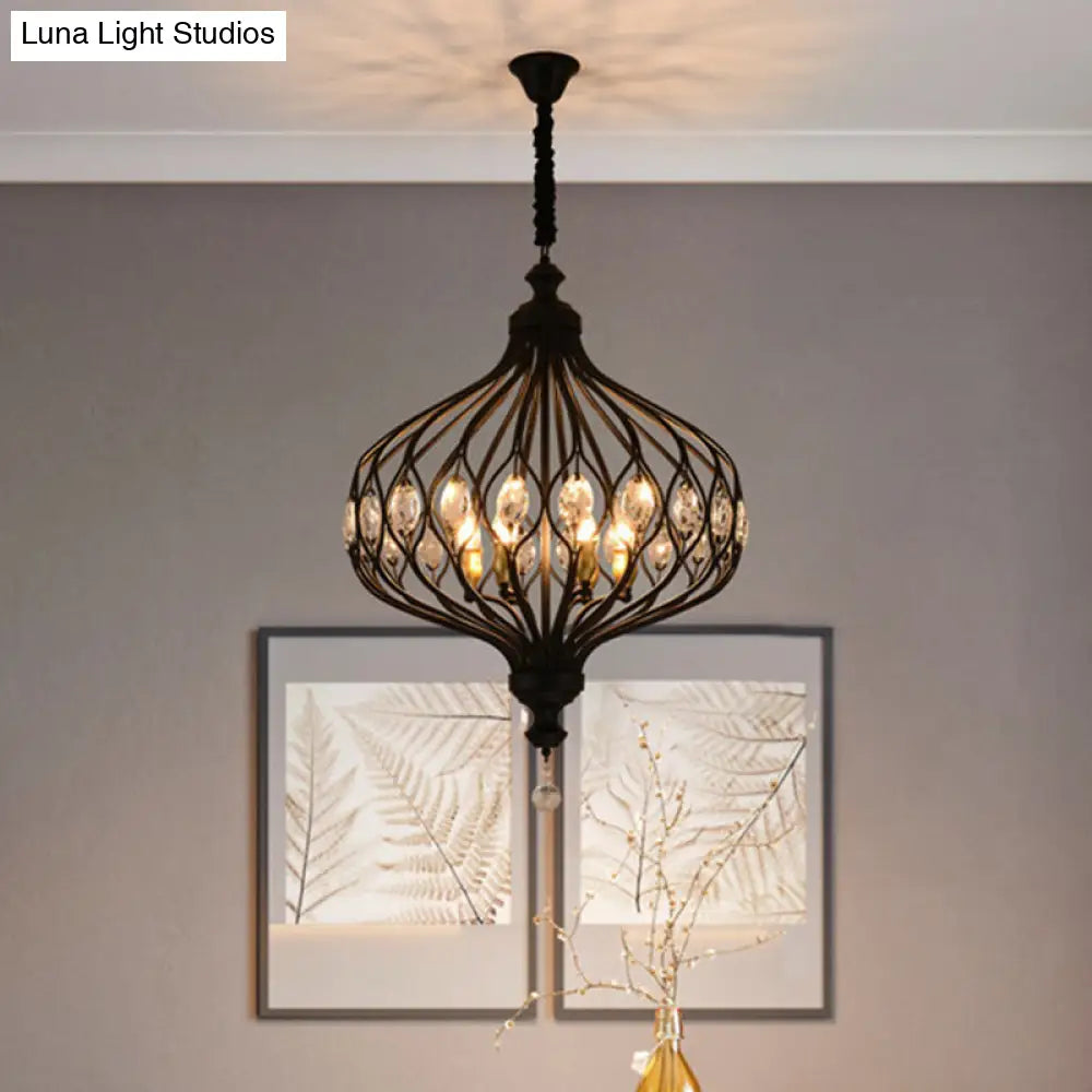 Lámpara de araña tipo farol contemporánea negra y dorada con kit de lámpara colgante con incrustaciones de cristal - 4/6 luces