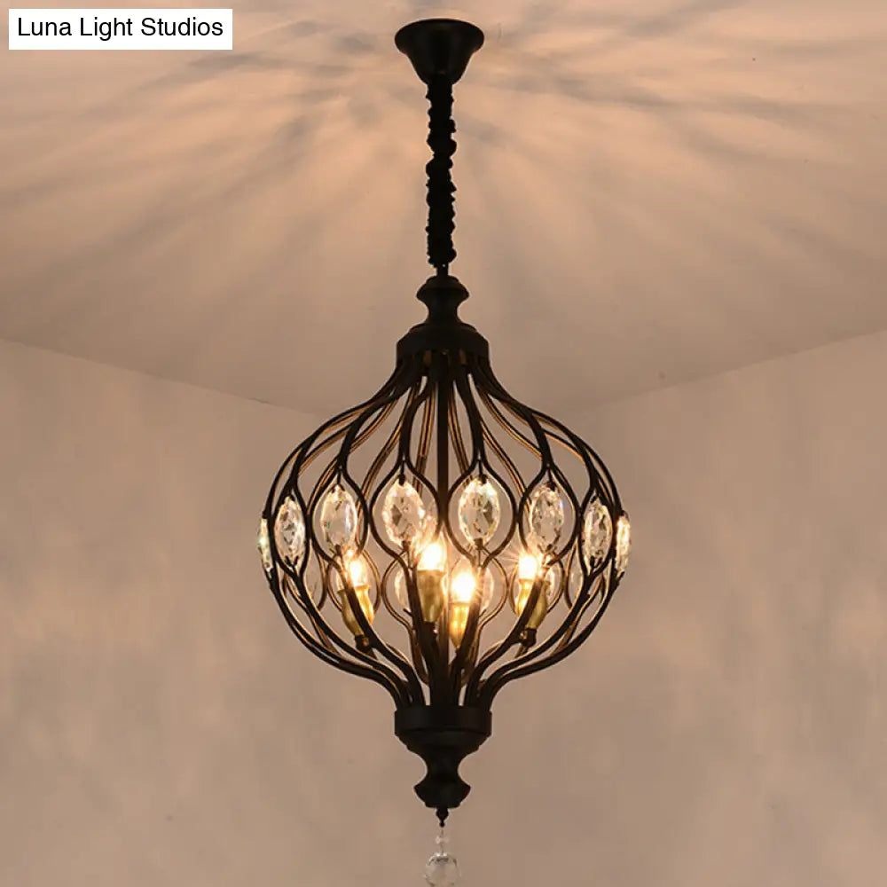 Lámpara de araña tipo farol contemporánea negra y dorada con kit de lámpara colgante con incrustaciones de cristal - 4/6 luces