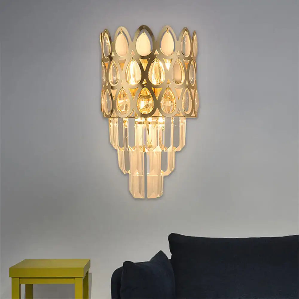 Contemporary black gold sconce with cascading teardrop crystals and grid wall mount for living room lights black gold