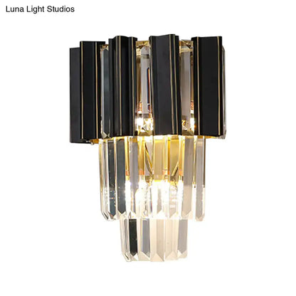 Contemporary black and gold wall lamp with clear crystal prisms and tiered faceted glass for bedroom use 220v-240v 110v-120v