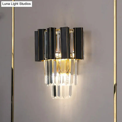 Contemporary black and gold wall lamp with clear crystal prisms cascading design for bedroom 220v-240v 110v-120v use