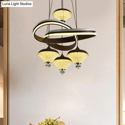 Contemporary Black Gyroscope Pendant with Multi-Light Acrylic LED Suspension and Twisted Shelf