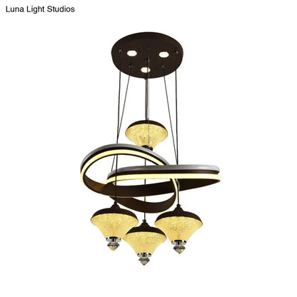 Contemporary Black Gyroscope Pendant with Multi-Light Acrylic LED Suspension and Twisted Shelf