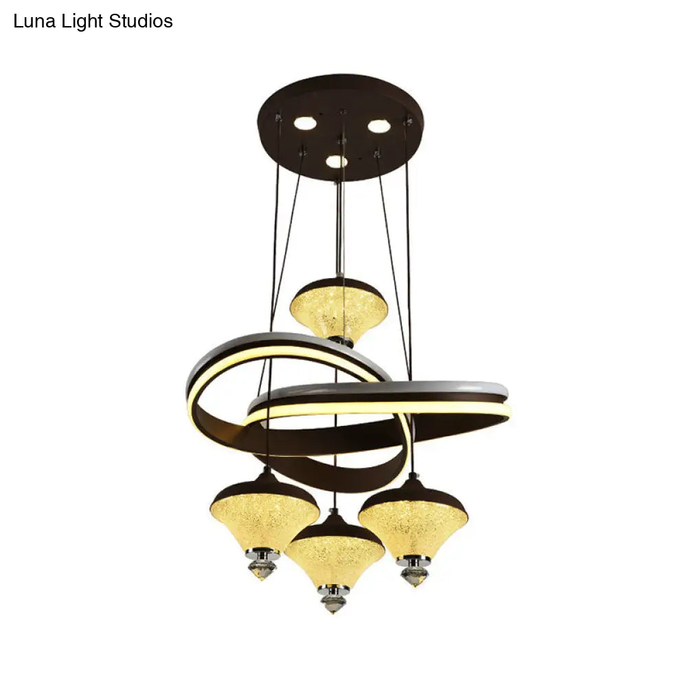 Contemporary Black Gyroscope Pendant with Multi-Light Acrylic LED Suspension and Twisted Shelf