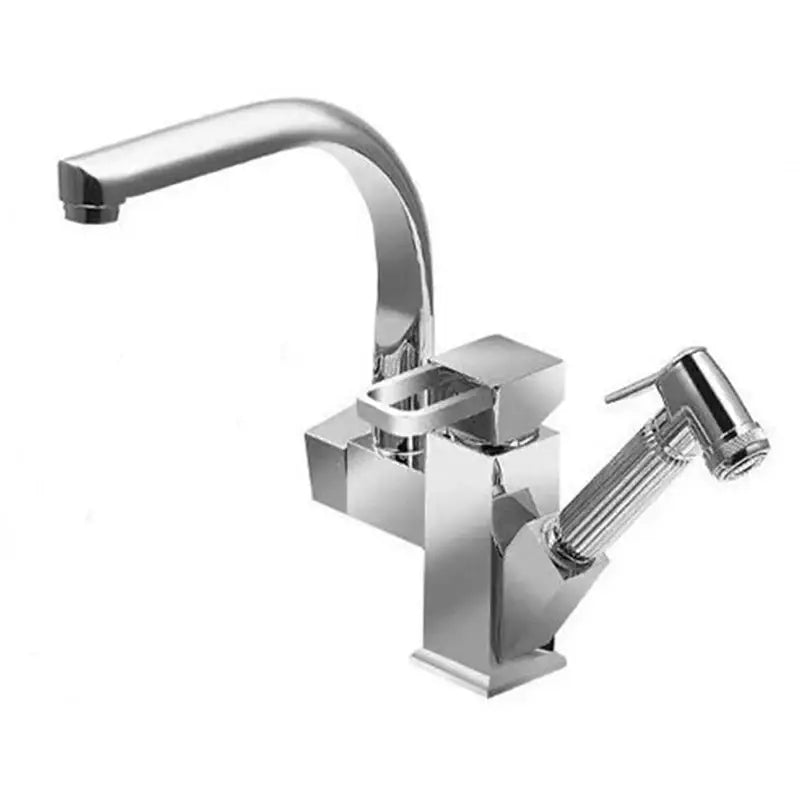 Contemporary black kitchen faucet with single handle pull out spray and modern chrome-finished angular design