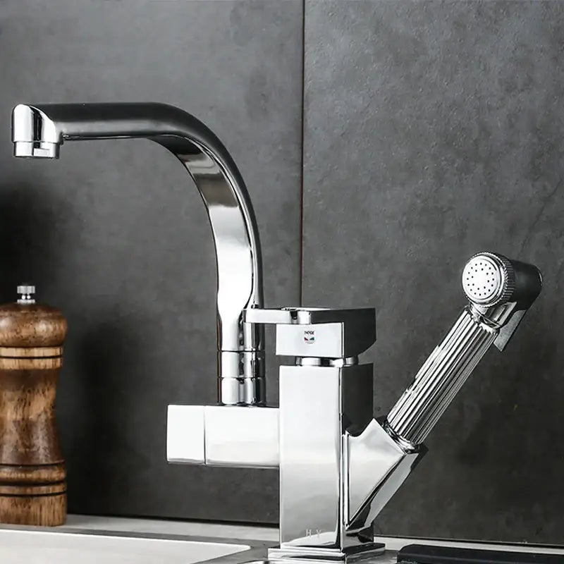 Contemporary black kitchen faucet with single handle and sleek chrome curved spout with extendable spray head